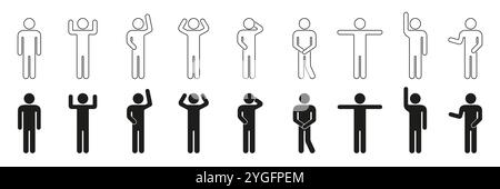 Man Figur Linie und Silhouette Symbol in verschiedenen Positionen. Die Figur mit einer anderen Geste und Pose Collection aufkleben. Bearbeitbare Kontur. Isolierter Vektor Stock Vektor