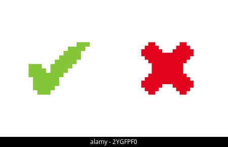 Aktivieren Sie das Symbol mit den Schaltflächen Rechtes und falsches Kreissymbol. Schaltflächen mit grünem Häkchen und rotem Kreuz im Pixelstil. Häkchen Sie Das Symbol Markieren. Isolierter Vektor Stock Vektor