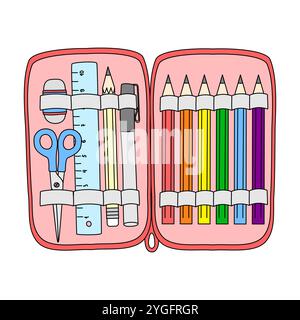 Organisierter Bleistiftkasten mit Schulbedarf, Back-to-School-Konzept, Kritzelstil Vektor-Illustration Stock Vektor