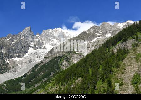 Blick auf das Mont Blanc-Massiv mit dem Gipfel Aiguille Noire de Peuterey (3773 m) und dem Brenva-Gletscher im Sommer, Courmayeur, Aostatal, Italien Stockfoto