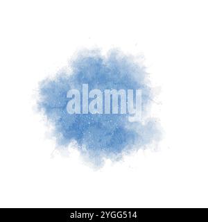 Abstrakter Aquarellfleck in Blau mit weißen Spritzern, klassische Form. Handgezeichnete bunte Spritzer isoliert auf weißem Hintergrund. Zum Drucken, Scrapbooking, Hintergrund, Design und Drucken Stockfoto