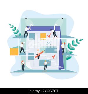 Geschäftsleute arbeiten zusammen, um einen Zeitplan und Veranstaltungen zu planen. Kalender und Organisation der Arbeitsvektorillustration Stock Vektor