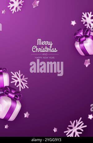 Frohe Weihnachten und frohe Neujahrsgeschichte. Weihnachtsbaum, Geschenkboxen, Weihnachtskugeln. Weihnachtselement für Web, Banner, Grußkarte, templat Stock Vektor