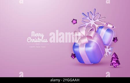 Frohe Weihnachten und frohe Neujahrsgeschichte. Weihnachtsbaum, Geschenkboxen, Weihnachtskugeln. Weihnachtselement für Web, Banner, Grußkarte, templat Stock Vektor