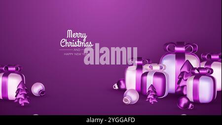 Frohe Weihnachten und frohe Neujahrsgeschichte. Weihnachtsbaum, Geschenkboxen, Weihnachtskugeln. Weihnachtselement für Web, Banner, Grußkarte, templat Stock Vektor