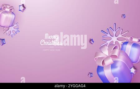 Frohe Weihnachten und frohe Neujahrsgeschichte. Weihnachtsbaum, Geschenkboxen, Weihnachtskugeln. Weihnachtselement für Web, Banner, Grußkarte, templat Stock Vektor