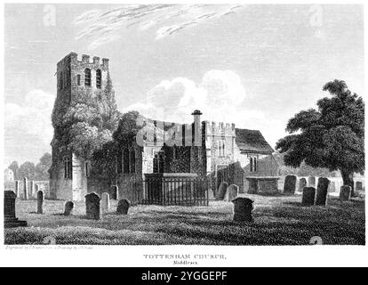 Ein Kupferstich der Tottenham Church, Middlesex, England UK, gescannt mit hoher Auflösung aus einem Buch, das um 1815 veröffentlicht wurde. Urheberrechtlich geschützt. Stockfoto