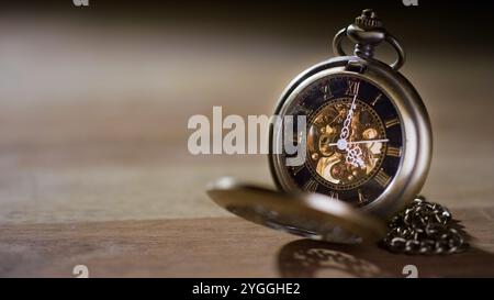 Schöne offene antike goldene Taschenuhr tickt, auf dem goldenen Hintergrund, Nahaufnahme. Zukunfts- und Geschäftskonzepte. Stockfoto