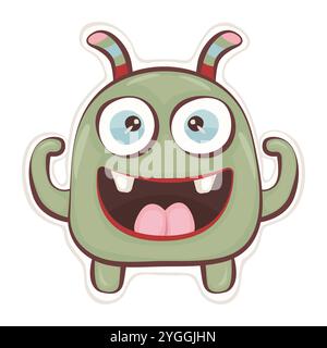 Niedlicher grooviger Monsteraufkleber, Vektorgrüner Charakter, Hippie und trippischer Avatar, trendige funky Illustration Stock Vektor