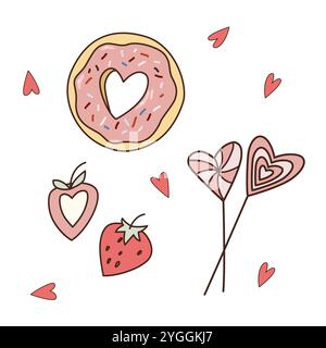 Valentinstag Cartoon Doodle Food Vektor Illustration Donut mit Herz, Erdbeere und Lutscher. Stock Vektor