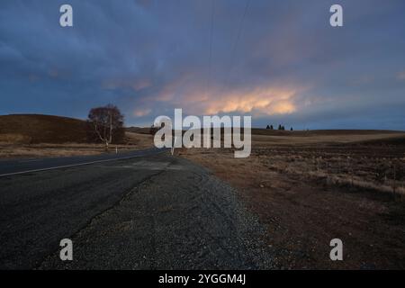 Schotterpiste in einer Landschaft mit Tussock in Richtung des bewölkten Himmels am Ende des Sonnenuntergangs, South Island, Neuseeland Stockfoto