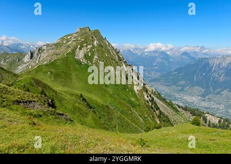 Pierre Avoi Gipfel über dem Rhonetal, Walliser Alpen, Verbier, Wallis, Schweiz Stockfoto