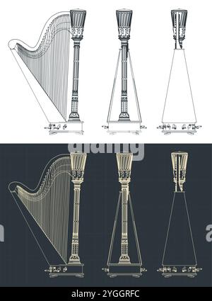 Stilisierte Vektorillustrationen von Harfenbauplänen. Traditionelles klassisches Instrument Stock Vektor