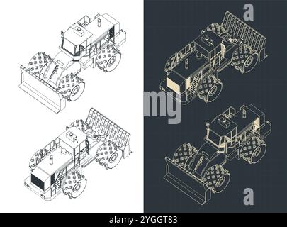 Stilisierte Vektordarstellungen isometrischer Baupläne von Deponieverdichtern Stock Vektor