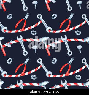 Dunkler Hintergrund mit Reihen von Schraubenschlüsseln, Schrauben und roten Zangen. Dieses nahtlose Muster ist ideal für auffällige Verpackungen, Textildrucke oder thematische Accessoires mit robustem Look Stockfoto