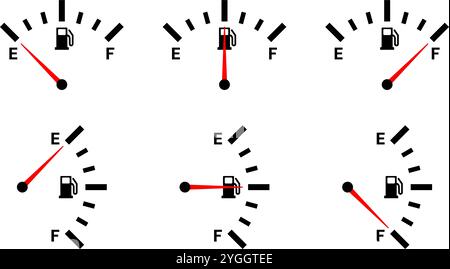 Symbole für die Kraftstoffanzeige. Unterschiedliche Kraftstoffstände von leer bis voll. Vektorabbildung Stock Vektor