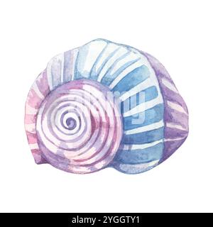 Spiralförmige Muschel in Blau- und Lavendelaquarellen. Mondschneckenschale Clipart. Die skurrile Illustration von Meereslebewesen funktioniert wunderbar auf Notizbuchhüllen, Stoffmustern oder anderen Produkten für die Küstendekoration Stockfoto