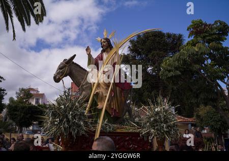 Teneriffa, Kanarische Inseln, Kanarische Inseln, Reise, Urlaub, Palmensonntag, Prozession in La Orotava, Jesus-Statue Stockfoto