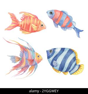 Eine Gruppe von vier tropischen Wasserfarben in verschiedenen Farben, einschließlich Orange, Blau und Lila. Dieses Clipart eignet sich gut für Produkte, Poster, Taschen oder T-Shirts mit Meeresmotiven für Kinder Stockfoto