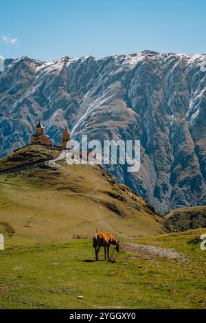 Blick auf die Gergeti Trinity Church in Stepantsminda mit den schneebedeckten Kaukasusbergen im Hintergrund, in Kazbegi, Georgia Stockfoto