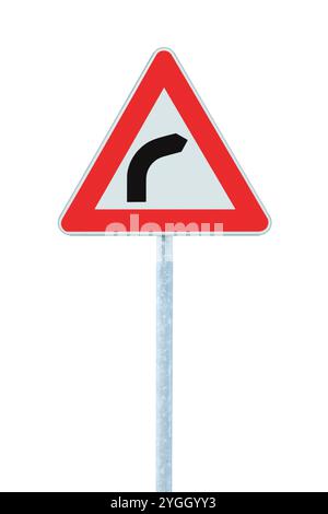 Straßenschild nach rechts, großes, detailliertes, vertikales weißes dreieckiges, gefährliches Streckenabschnitt, Verkehrswarnschilder, Nahaufnahme, roter Rahmen Stockfoto