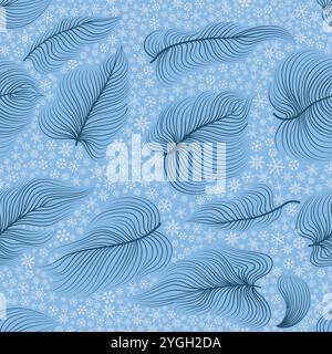Schnee Winterurlaub Hintergrund. Natur-Textur mit Schneeflocken und Linien gezeichneten Blättern. Retro Merry Christmas Schneefall Grußkarte Design über blauem SK Stock Vektor