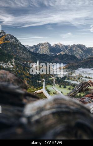 Blick von den Alpen auf die Königsschlösser Neuschwanstein und Hohenschangau mit dem Alpsee und den Allgäuer Alpen in einem herbstlich nebeligen lan Stockfoto