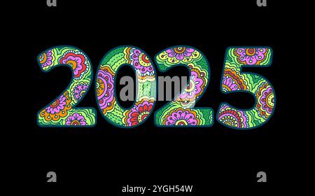 Farbige 2025 zentangle Neujahrsnummer. Datumsdekoration Schriftzug 2025 glückliche Winterfeiertag Grußkarte und Antistress Erwachsene Färbung Seite Vektor Stock Vektor