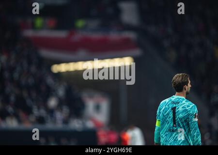 Frankfurt, Deutschland. November 2024. Frankfurt, 7. November 2024 FRANKFURT, DEUTSCHLAND - 7. NOVEMBER: Kevin Trapp von Eintracht Frankfurt beim UEFA Europa League-Spiel zwischen Eintracht Frankfurt und Slavia Prag am 7. November 2024 im Deutschen Bank Park in Frankfurt. (Foto: Dan O' Connor/ATPImages) Dan O' Connor (Dan O' Connor/ATP Images/SPP) Credit: SPP Sport Press Photo. /Alamy Live News Stockfoto