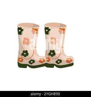 Vektorillustration für Gummistiefel. Persönliche Schutzausrüstung, Schuhe. Wasserdichte Industrieschuhe. Fußschutz. Beige Gummistiefel mit Blumen Stock Vektor