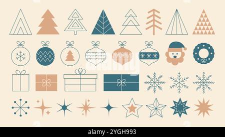 Set aus minimalistischen Weihnachtselementen im klassischen und flachen Stil. Weihnachtsbäume, Bälle, Geschenke, Schneeflocken, Sterne. Vektorabbildung Stock Vektor