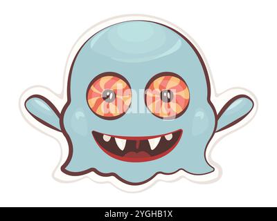 Niedlicher grooviger Monster-Aufkleber, Vektorblauer Charakter, Hippie und trippischer Geisteravatar, trendige funkige Illustration eines psychedelischen Brownie Stock Vektor