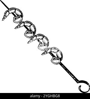 Garnelenkebab auf einem Spieß. Vektorgrafiken zur Darstellung der asiatischen Küche. Eine schwarz-weiße handgezeichnete Abbildung von Meeresfrüchten. Für Menüs, Poster, Etiketten. F Stock Vektor