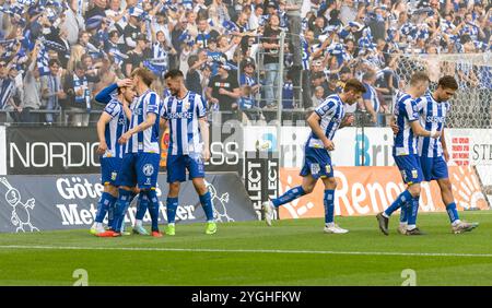 Göteborg, Schweden. September 2023. Spieler des IFK Göteborg feiern das Siegtor von Arbnor Mucoli gegen Brommapojkarna. Gutschrift: Per Ljung Stockfoto