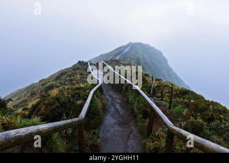Das Miradouro da Boca do Inferno ist einer der berühmtesten Ausblicke auf die Azoren. Stockfoto