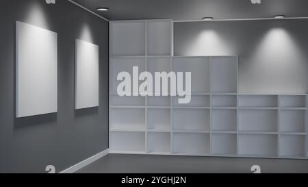 Weißes Bücherregal mit leeren Würfeln an einer grauen Wand. Perfekt für Mockups, Produktpräsentationen oder als Hintergrund für Innenarchitekturprojekte. Stockfoto