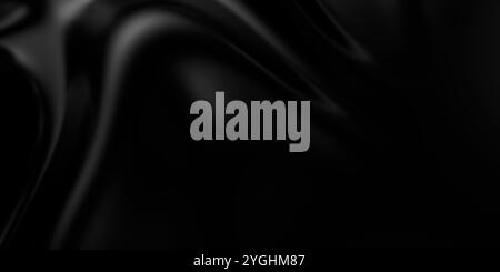 3D-Hintergrund mit weichen schwarzen Wellen. Dunkle Seidenbrösel. Eleganter, minimalistischer Satin-Hintergrund. 3D-Rendering-Abbildung Stockfoto