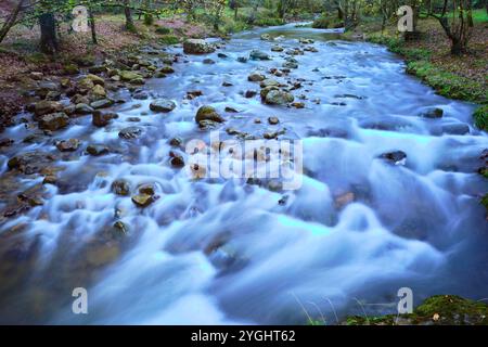 Ein ruhiger und malerischer Blick auf den Bayones River, der über Felsen in Ucieda, Cabuerniga Valley, Kantabrien, Spanien fließt. Die Langzeitbelichtung erfasst W Stockfoto
