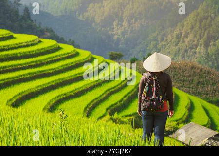 Frau genießt Reisterrasse Aussichtspunkt in Mu cang Chai, Vietnam Stockfoto