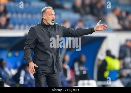 Sinsheim, Deutschland. November 2024. Pellegrino Matarazzo (Rino, Trainer, Cheftrainer, Hoffenheim), gibt Anweisungen, gestikuliert, mit den Armen gestikulieren, Einzelbild, Einzelfoto, Aktion, Aktion, 07.11.2024, Sinsheim (Deutschland), Fussball, UEFA Europa League, Gruppenphase, TSG 1899 HOFFENHEIM - OLYMPIQUE LYON, VORSCHRIFTEN VERBIETEN DIE VERWENDUNG VON FOTOGRAFIEN ALS BILDSEQUENZEN UND/ODER QUASI-VIDEO. Quelle: dpa/Alamy Live News Stockfoto