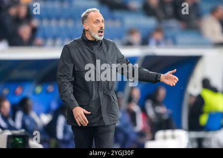 Sinsheim, Deutschland. November 2024. Pellegrino Matarazzo (Rino, Trainer, Cheftrainer, Hoffenheim), gibt Anweisungen, gestikuliert, mit den Armen gestikulieren, Einzelbild, Einzelfoto, Aktion, Aktion, 07.11.2024, Sinsheim (Deutschland), Fussball, UEFA Europa League, Gruppenphase, TSG 1899 HOFFENHEIM - OLYMPIQUE LYON, VORSCHRIFTEN VERBIETEN DIE VERWENDUNG VON FOTOGRAFIEN ALS BILDSEQUENZEN UND/ODER QUASI-VIDEO. Quelle: dpa/Alamy Live News Stockfoto