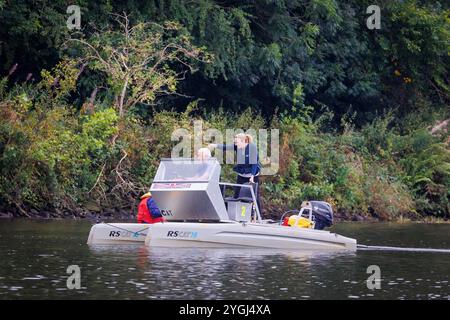 Das Great Warrington and Latchford Duck Race 2024 – Abgeordnete Charlotte Nicholls hilft dabei, die Enten zu sammeln, die über die Ziellinie geflohen sind Stockfoto