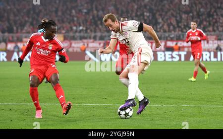 MÜNCHEN, DEUTSCHLAND - 06. NOVEMBER: Harry Kane von Bayern München streitet am 06. November 2024 in München mit Issa Kabore von Benfica Lissabon beim Spiel der UEFA Champions League 2024/25 Phase MD4 zwischen dem FC Bayern München und SL Benfica in der Football Arena München. Stockfoto