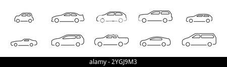 Symbolsatz für linearen automatischen Vektor. Fahrzeugkontur. Formen von Karosserien. Set von Symbolen für Fahrzeugtypen. Seitliche lineare Ansicht des Fahrzeugs. Vektorsatz mit Auto-Symbolen Stock Vektor