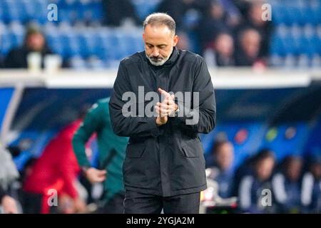 Sinsheim, Deutschland. November 2024. Pellegrino Matarazzo (Rino, Trainer, Cheftrainer, Hoffenheim), Einzelbild, Einzelfoto, Aktion, Aktion, enttäuscht schauend, Enttäuschung, Frustration, enttäuscht, pessimistisch, 07.11.2024, Sinsheim (Deutschland), Fussball, UEFA Europa League, Gruppenphase, TSG 1899 Hoffenheim - Olympique Lyon, VORSCHRIFTEN VERBIETEN DIE VERWENDUNG VON FOTOS ALS BILDSEQUENZEN UND/ODER QUASI-VIDEO. Quelle: dpa/Alamy Live News Stockfoto