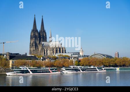 Köln, Deutschland 4. November 2024: An einem sonnigen Herbsttag liegen vor der kölner Altstadt viele große Ausflugsboote und Flusskreuzfahrtschiffe vor Stockfoto