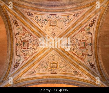 PAVIA, ITALIEN - 9. SEPTEMBER 2024: Das Deckenfresko im Grotisque-Stil in der Kirche Chiesa dei Santi Gervasio e Protasio Stockfoto