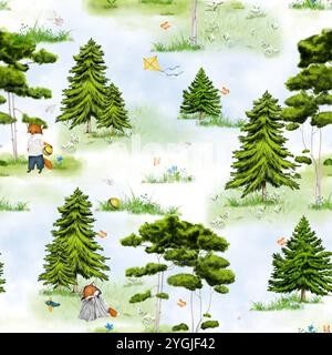 Fuchsjunges schläft unter dem Baum, auf einem nahtlosen Muster. Digitale Illustration mit Aquarell. Grüne Kiefern und Tannenbäume auf einer Lichtung, isoliert auf einem Witz Stockfoto
