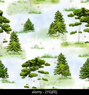 Grüner Nadelwald und Wiesen mit Blumen und Schmetterlingen. Nahtloses Muster... Digitale Illustration mit Aquarell. Grüne Kiefern und Tannen auf einem Meter Stockfoto