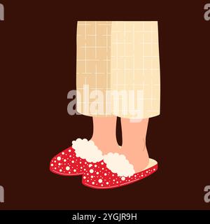 Beine aus beigefarbenem, gestreiftem Pyjama und kuscheligen roten Hausschuhen. Weihnachten Hand gezeichnete Vektor-Illustration. Stock Vektor
